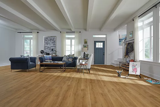 living room with brown hardwood floors