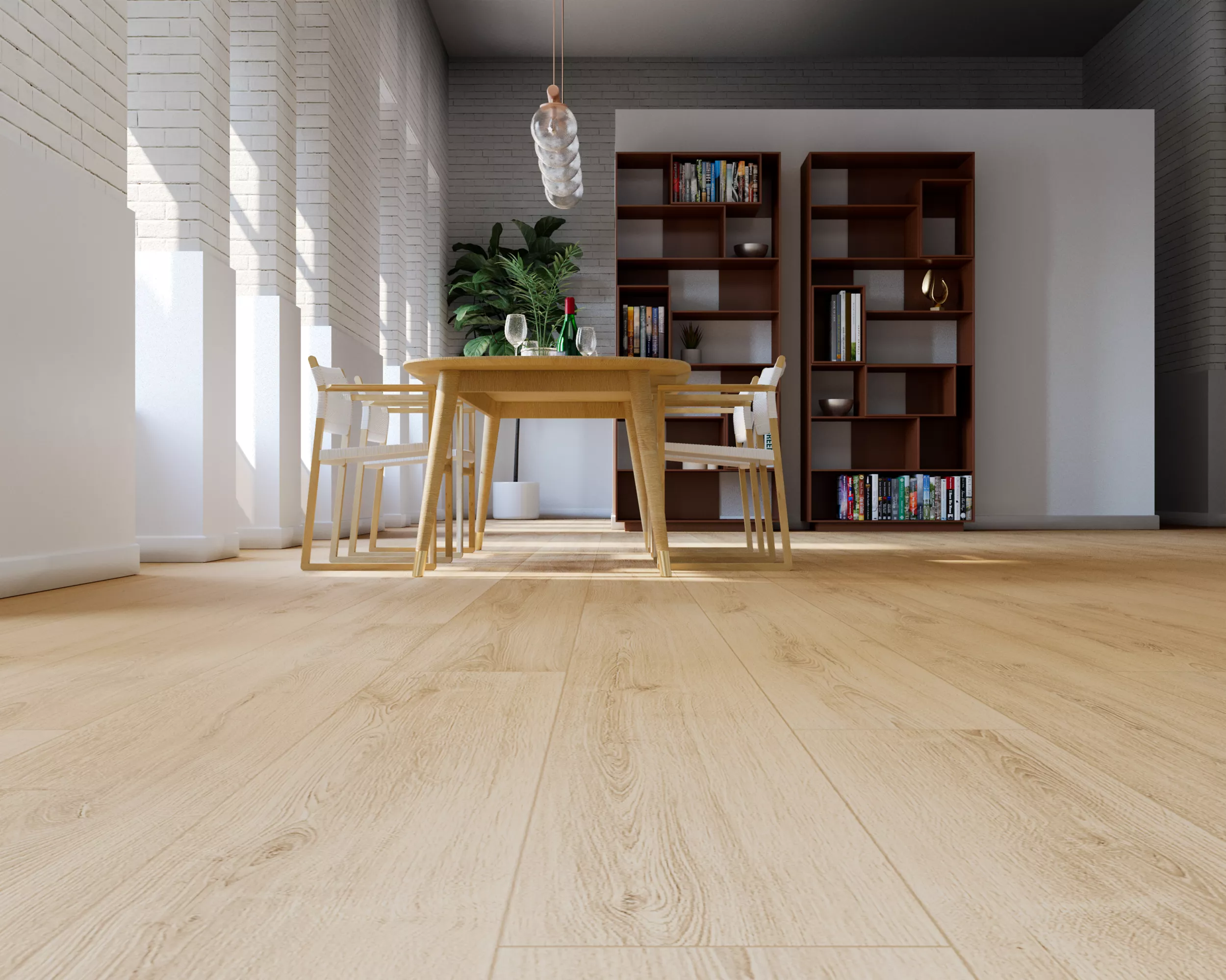 Dining room with wood floors and a wooden table