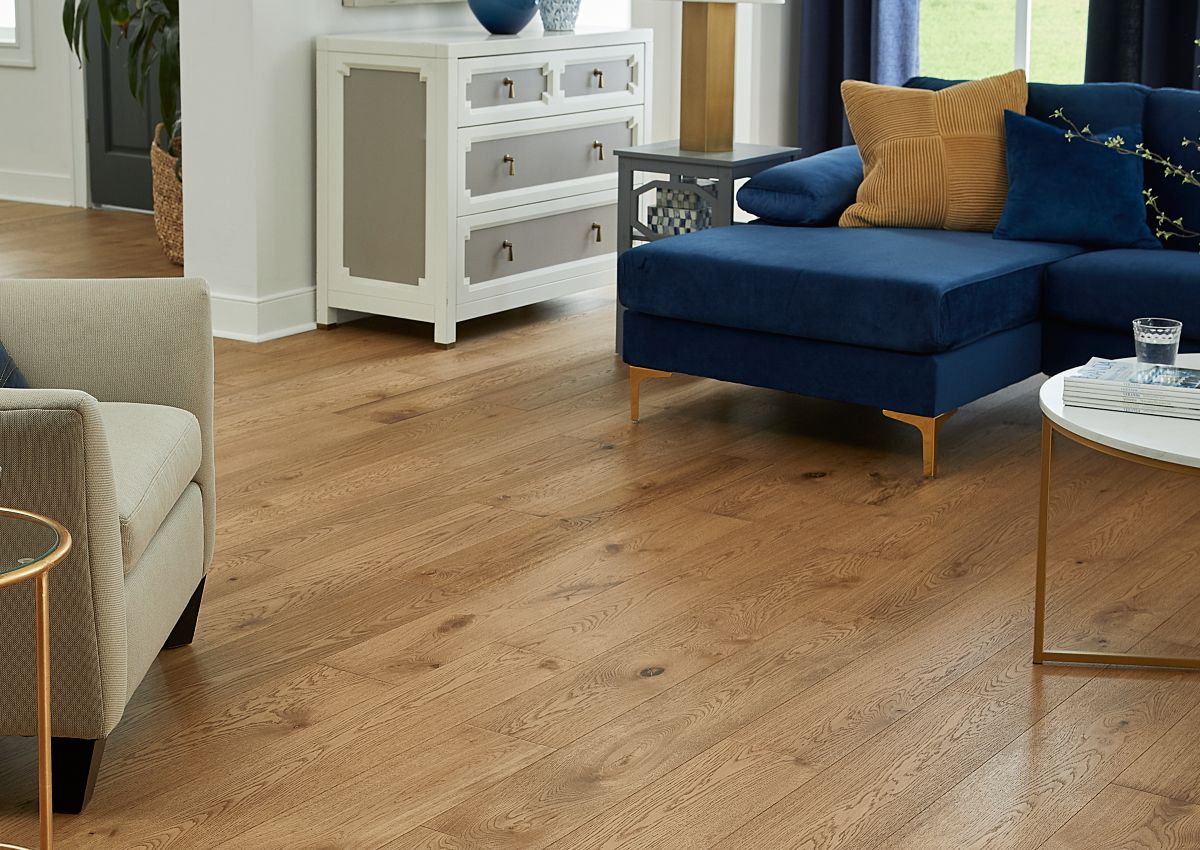 Light oak hardwood floors in coastal modern living room