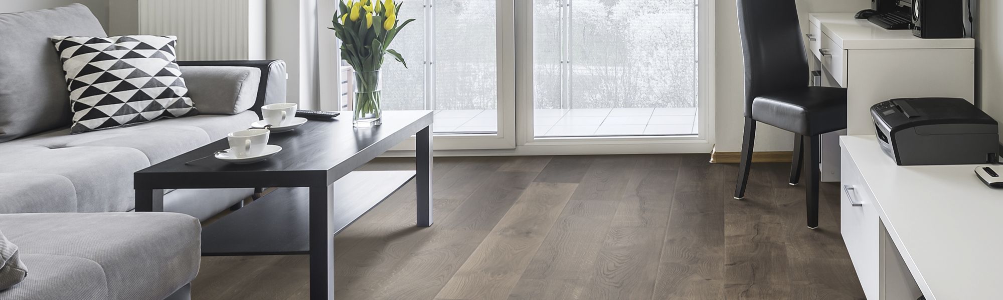 Light gray laminate floors in modern living room