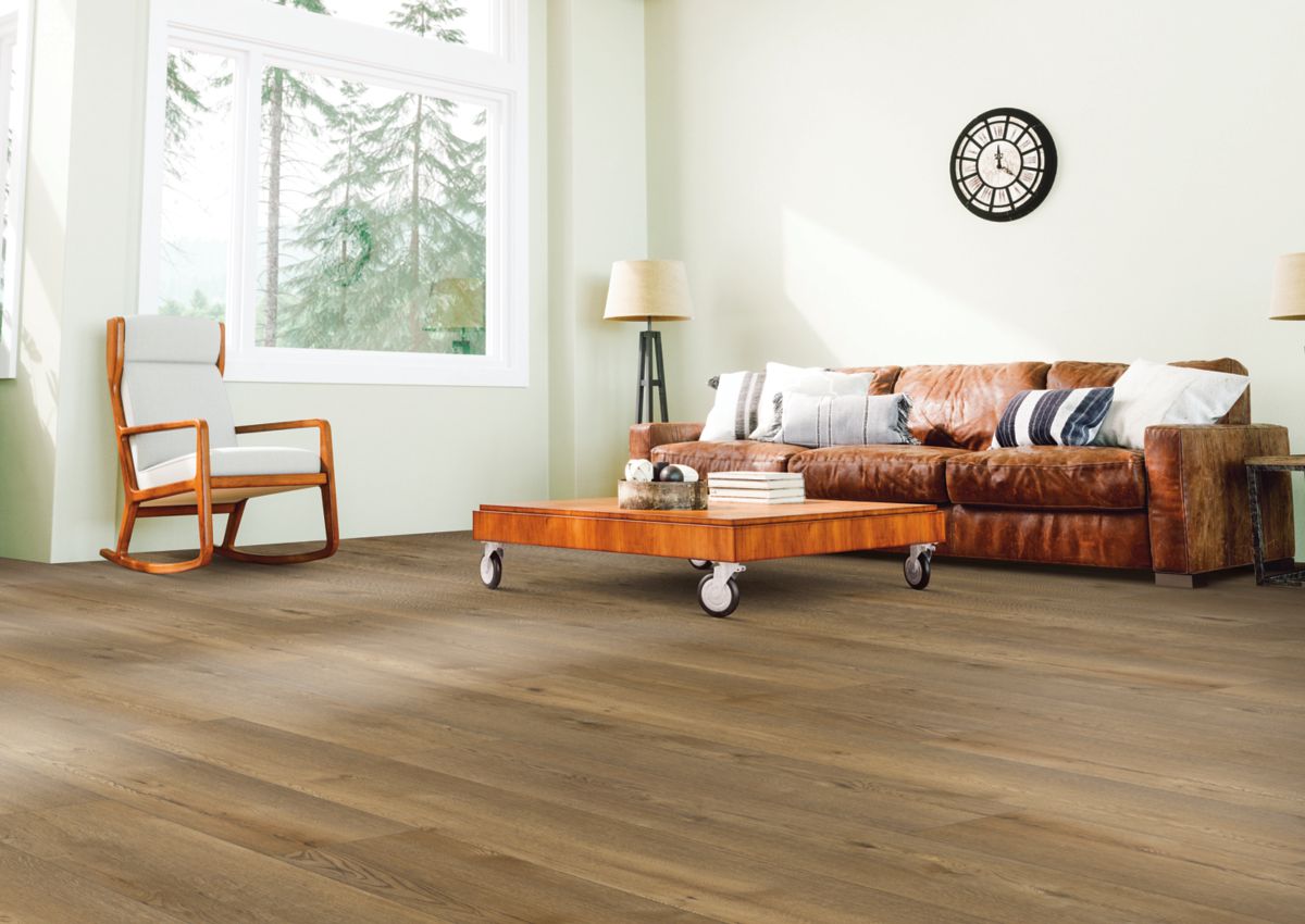 Blonde laminate floors in a rugged living room