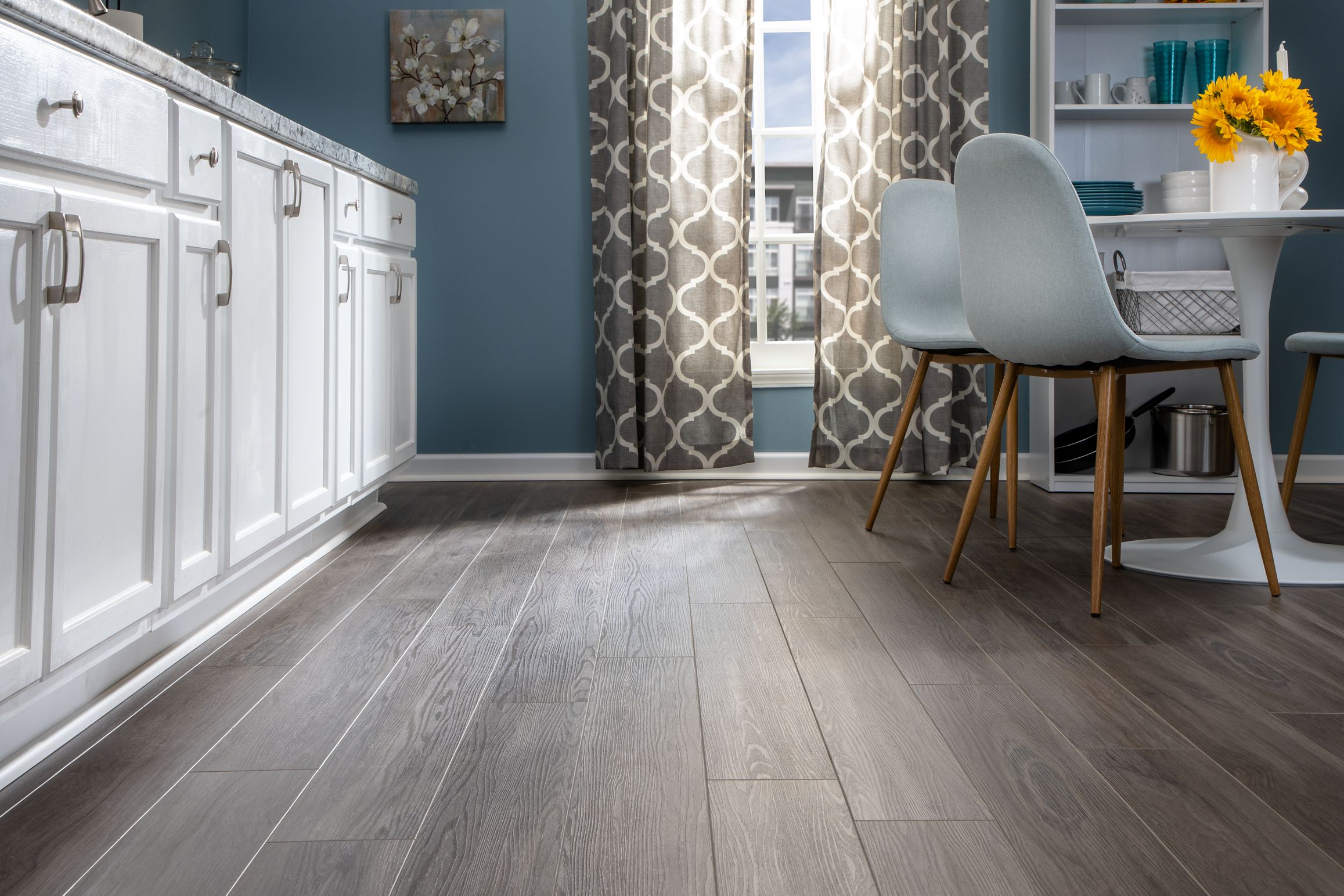 bathroom with grey hardwood floors