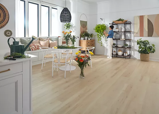 kitchen with beige vinyl plank flooring