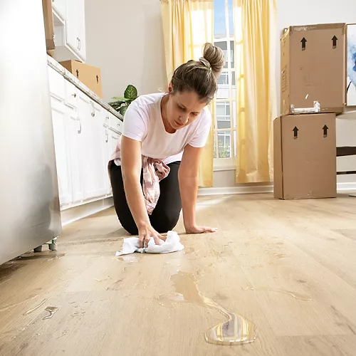 woman cleaning liquids off kitchen floor