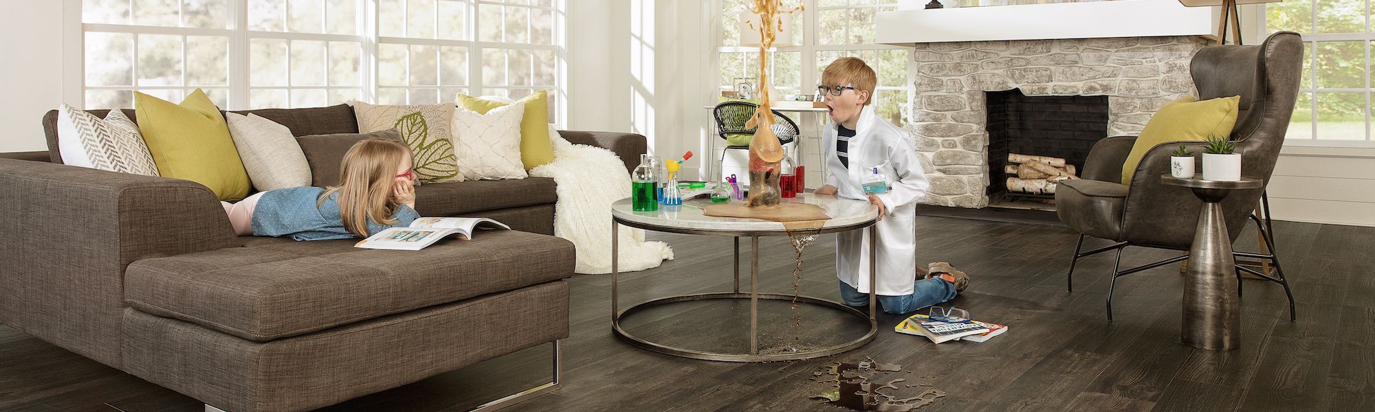 kid-friendly, spill-proof hardwood floors in messy living room
