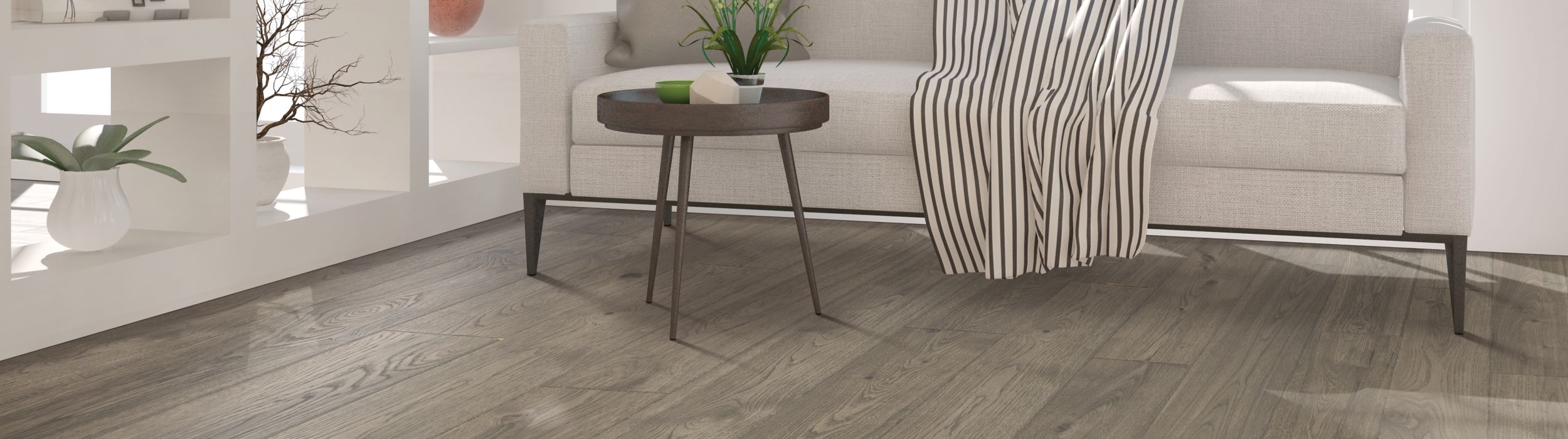 warm grey LVP floors in modern living room