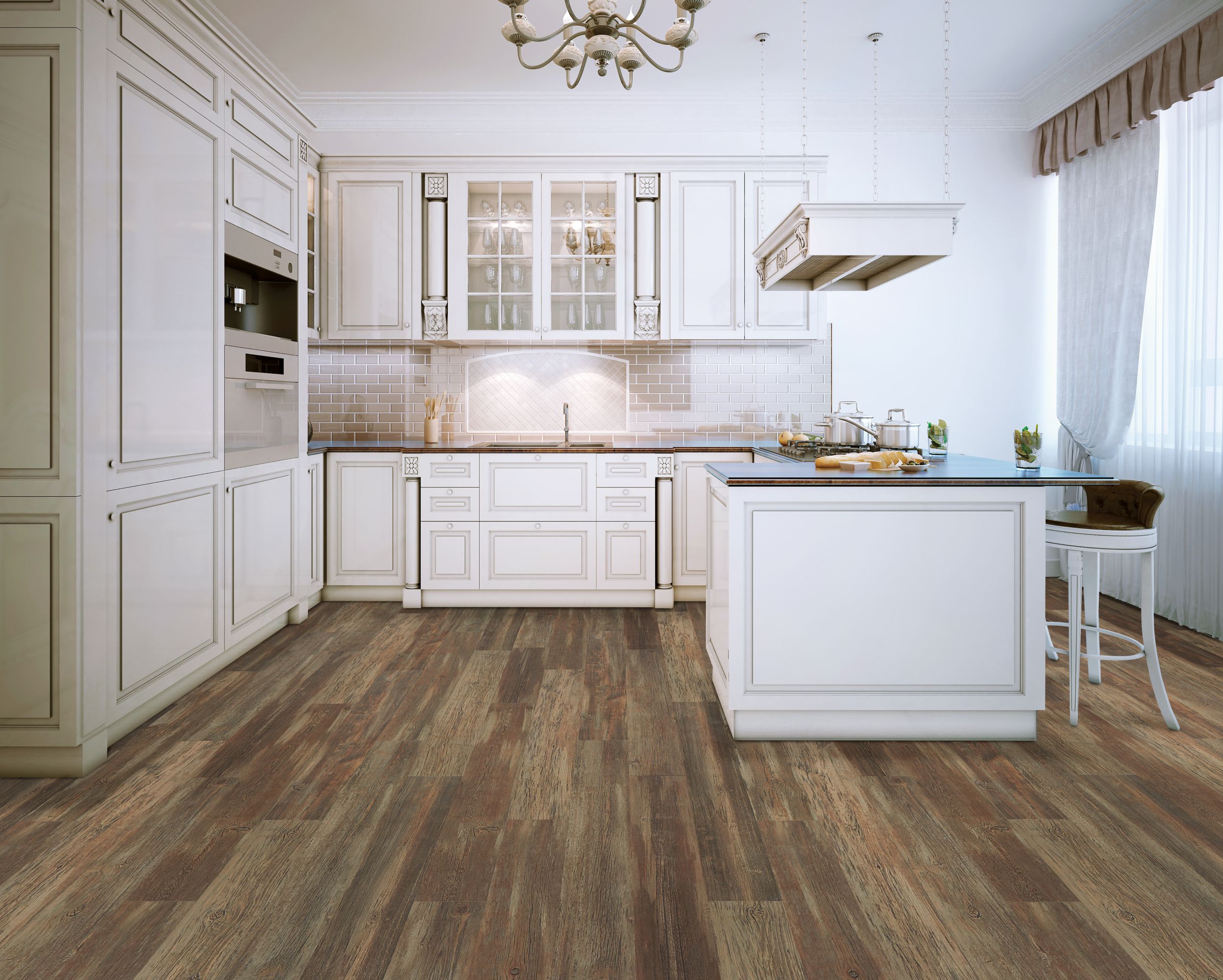 Traditional white kitchen with brown wood floors