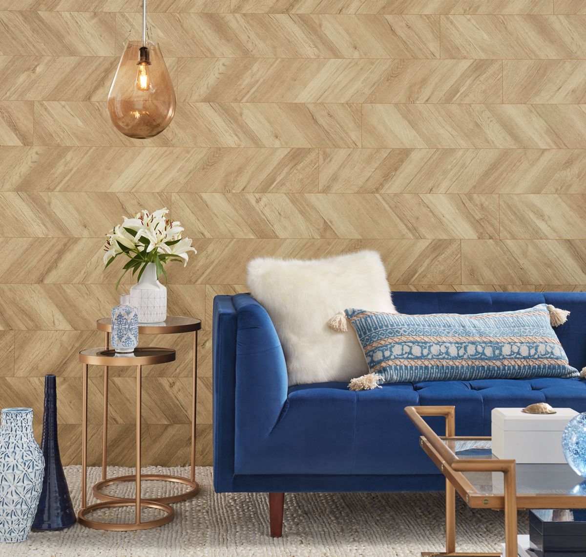 Herringbone pattern wood accent wall in living room