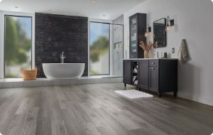 bathroom with grey versatech hardwood floors