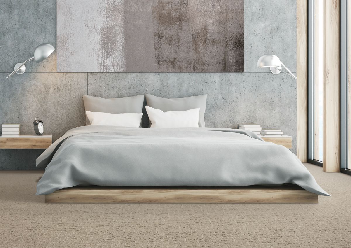bedroom with beige carpeting