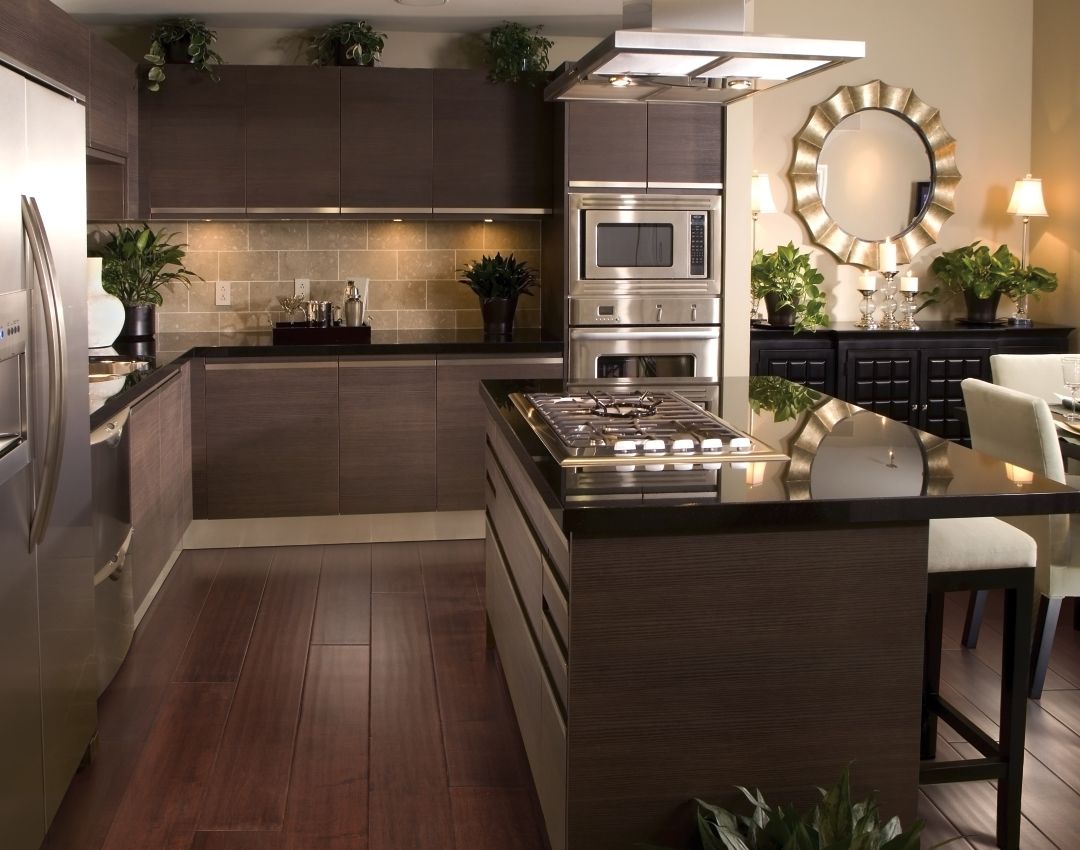 kitchen with redish brown hardwood flooring