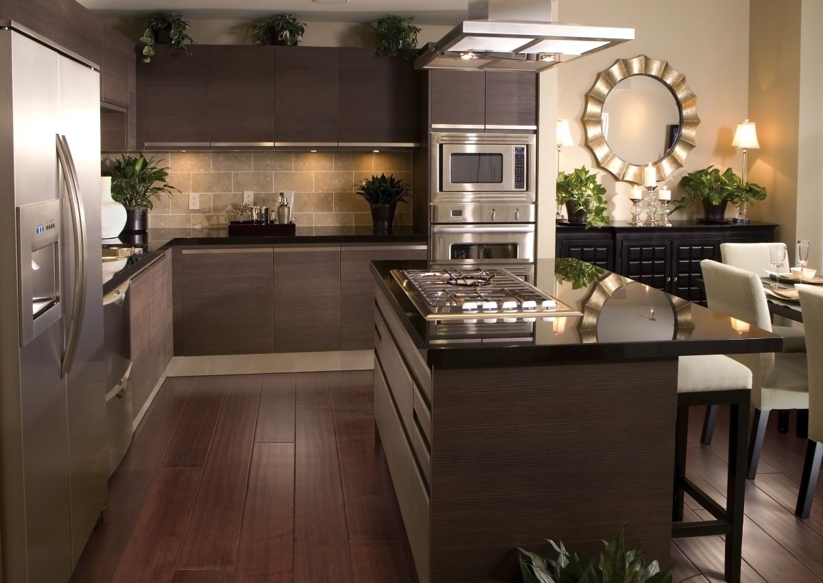 kitchen with redish brown hardwood flooring