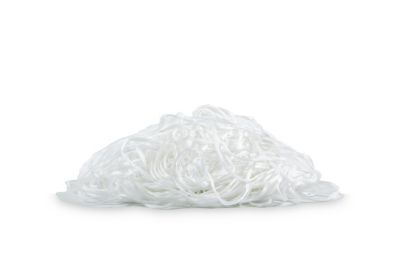 A pile of white yarn arranged on a white background, showcasing their smooth texture and uniform color.