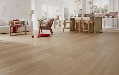 neutral open living and kitchen floorplan