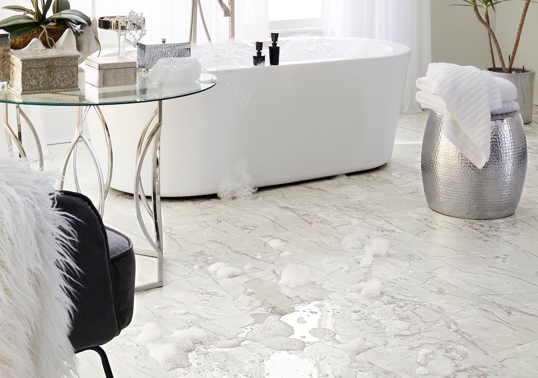Waterproof luxury vinyl tile marble floors in wet bathroom