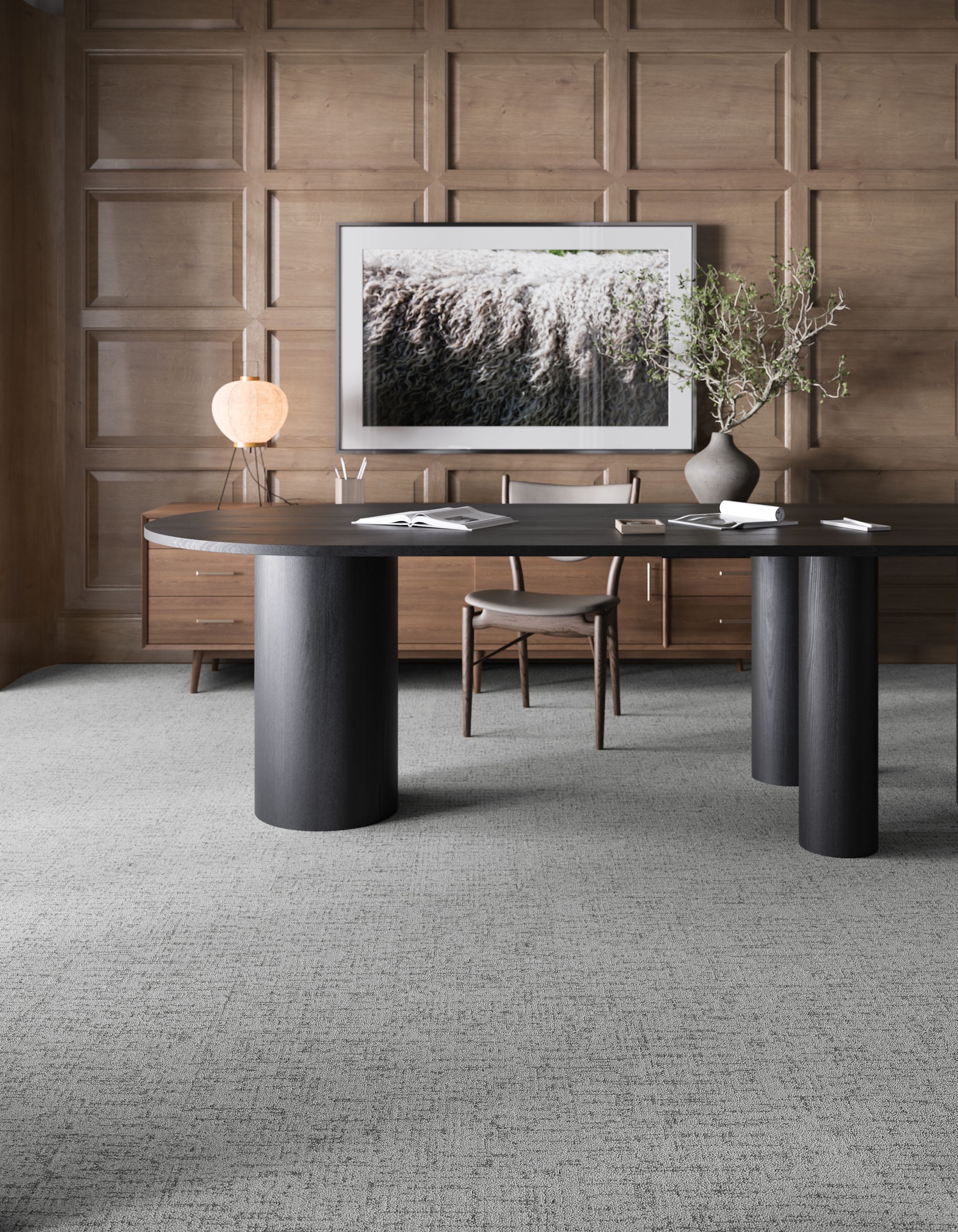 Textorial Carded 837 Cashmere in a vertical ashlar installation beneath a round black table