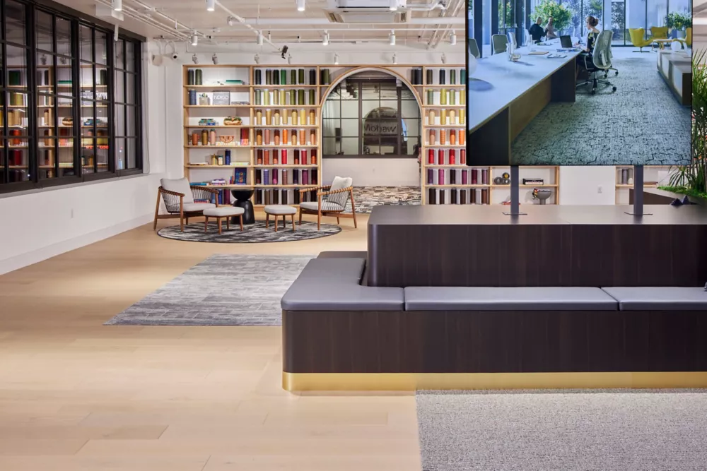 Chicago Showroom | Hot and Heavy II LVT Collection - Secoya 828 Honey Maple | Pathmakers Carpet Tile Collection - Concrete Bloom 739 Birdsong Light | Rewilded Refuge Carpet Tile Collection - City Canopy 937 Beltline | Custom Goonj RevivalRug