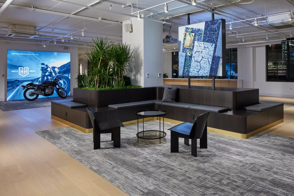Chicago Showroom | Hot and Heavy II LVT Collection - Secoya 828 Honey Maple | ReWilded Carpet Tile Collection - City Canopy 937 Beltline