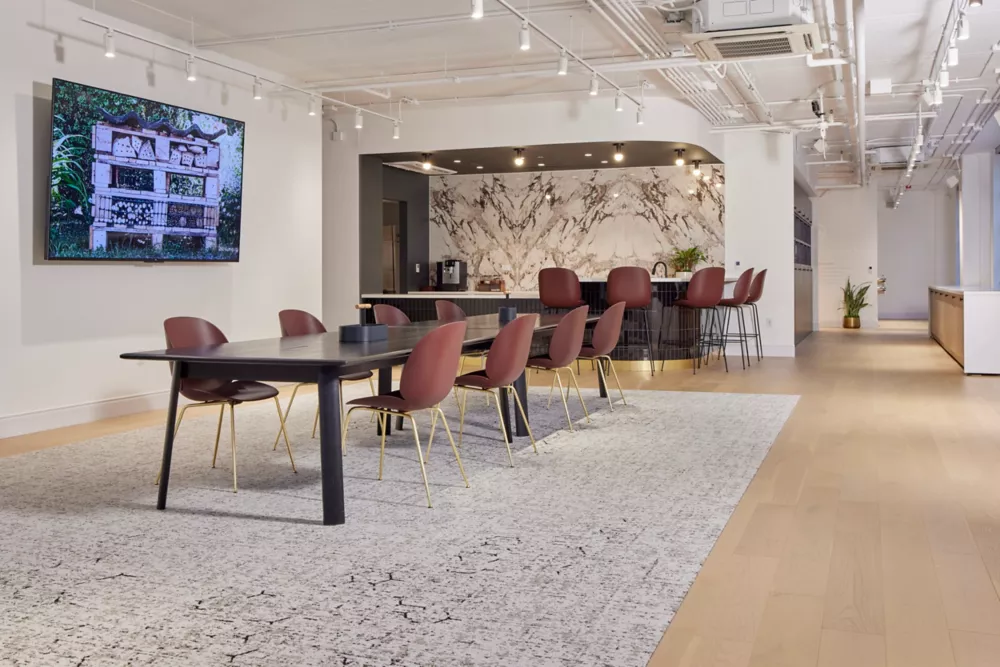 Chicago Showroom | Hot and Heavy II LVT Collection - Secoya 828 Honey Maple | Pathmakers Carpet Tile Collection - Pollinator Path 739 Birdsong Light