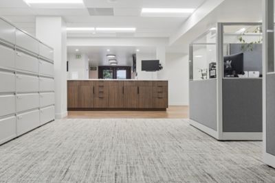 City Hall at Signal Hill - Carpet Tile - Wild Horizons in colorway 739 Wiregrass - LVT - Living Local | Woods 4.5 in colorway 838 Cumberland