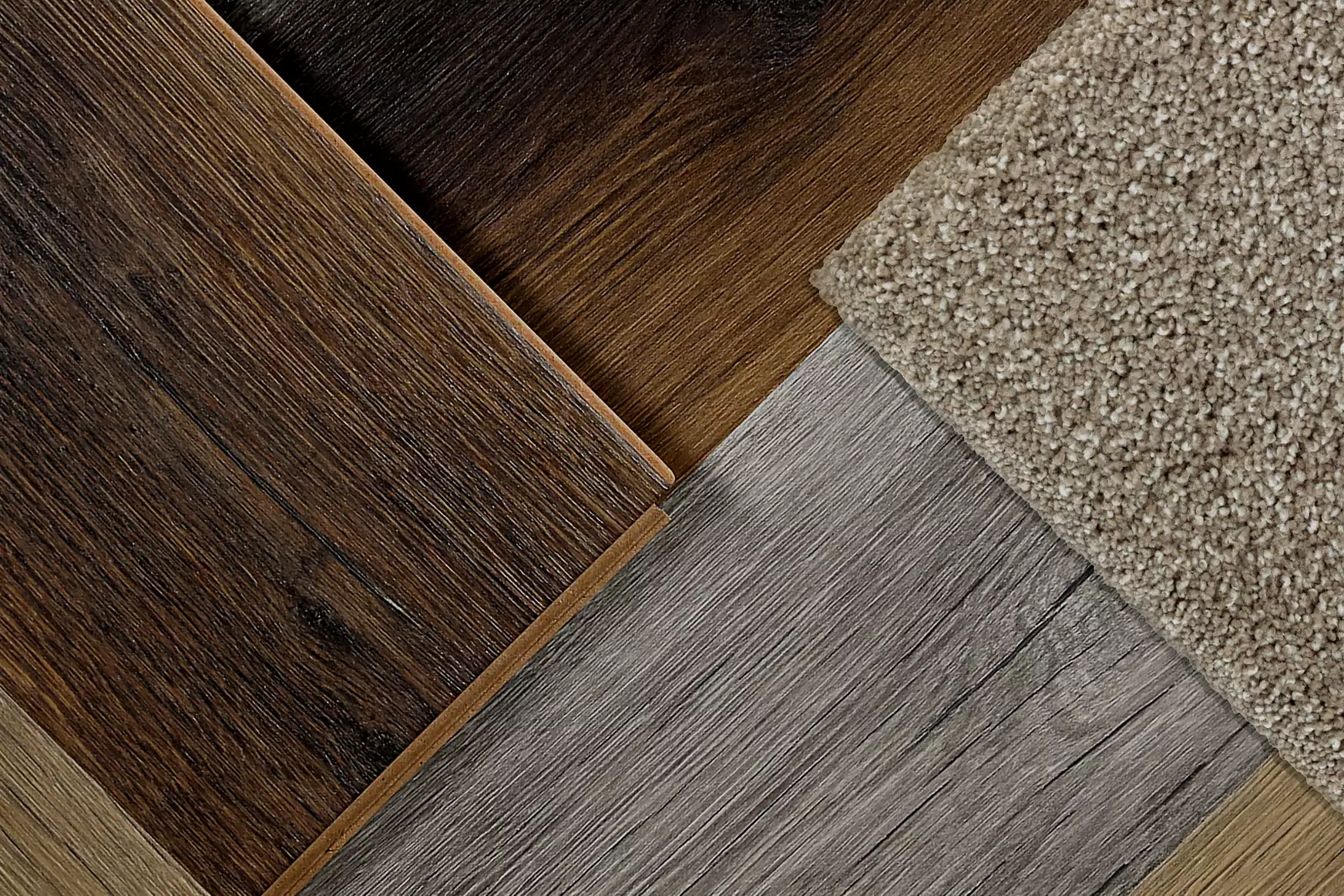 Samples of Medium, Medium-Dark, Grey, and carpet flooring.