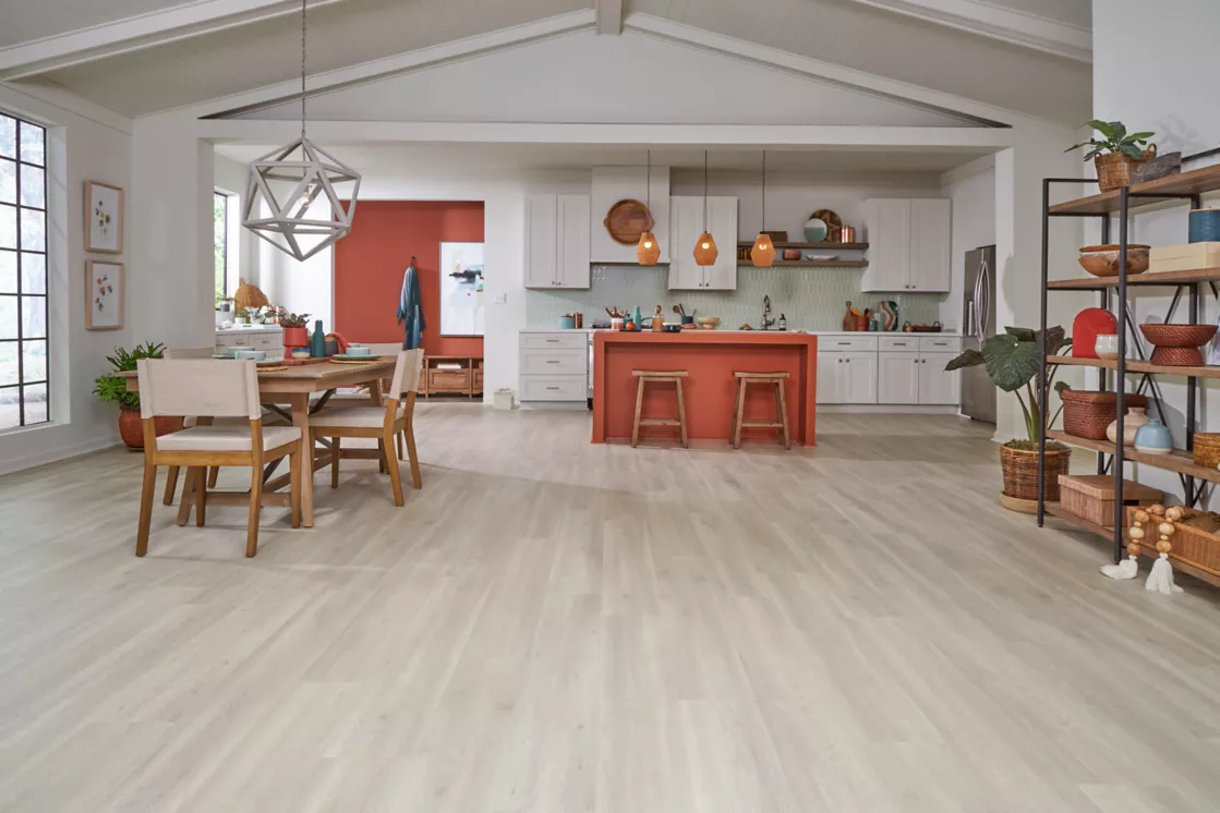 Open concept living space with Revwood laminate flooring