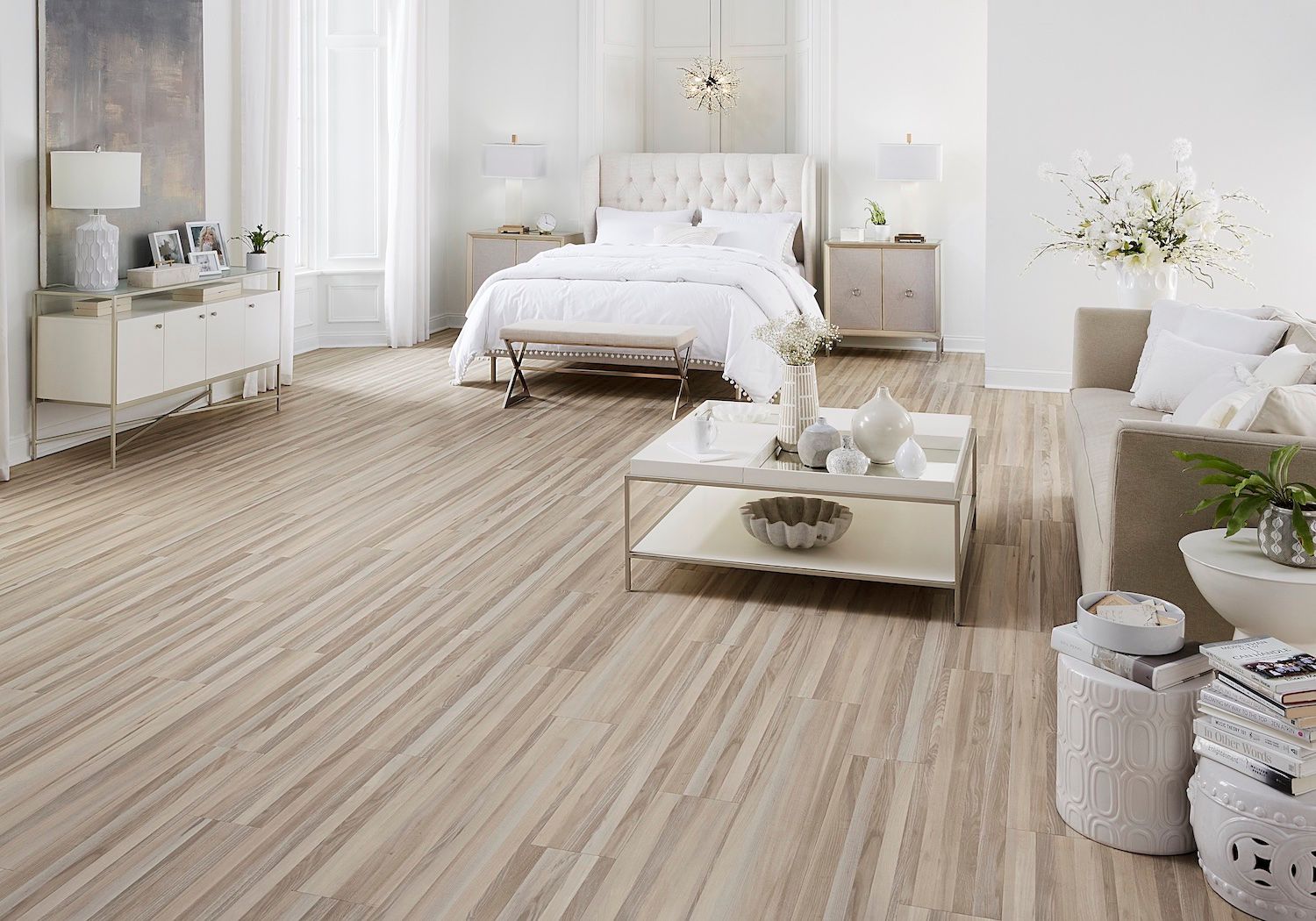 Bright white modern bedroom with light luxury vinyl floors