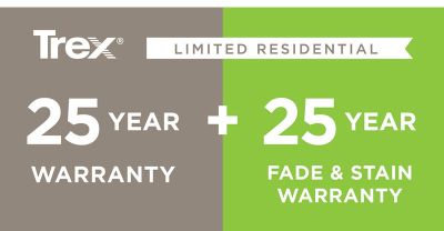 Trex birçok deck ürünü için 25 Yıl Sınırlı Konut Garantisi ve Solma ve Renklenmeye Karşı 25 Yıllık Sınırlı Konut Garantisi sunar. 