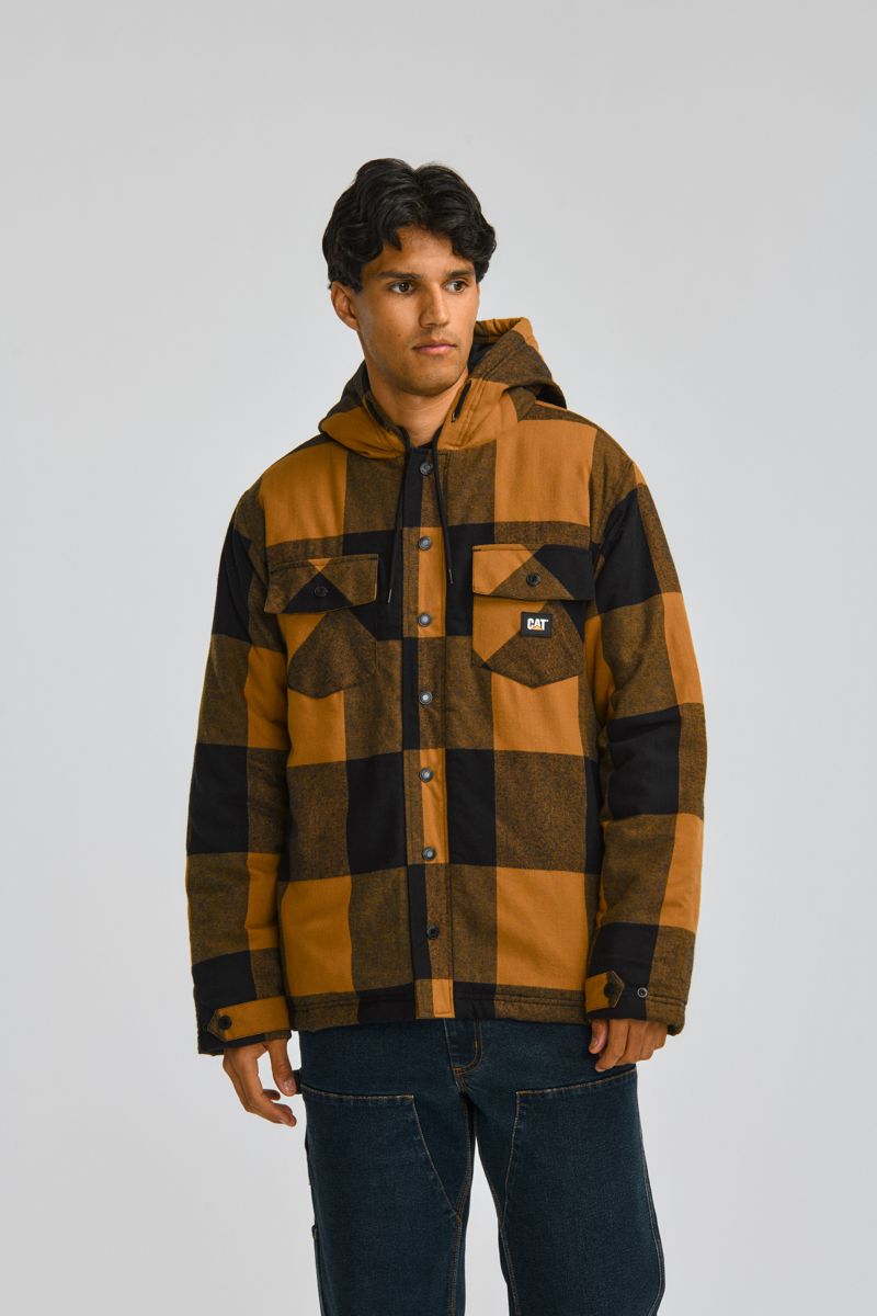 Hooded Flannel Shirt Jacket, Black | Bronze, dynamic 2