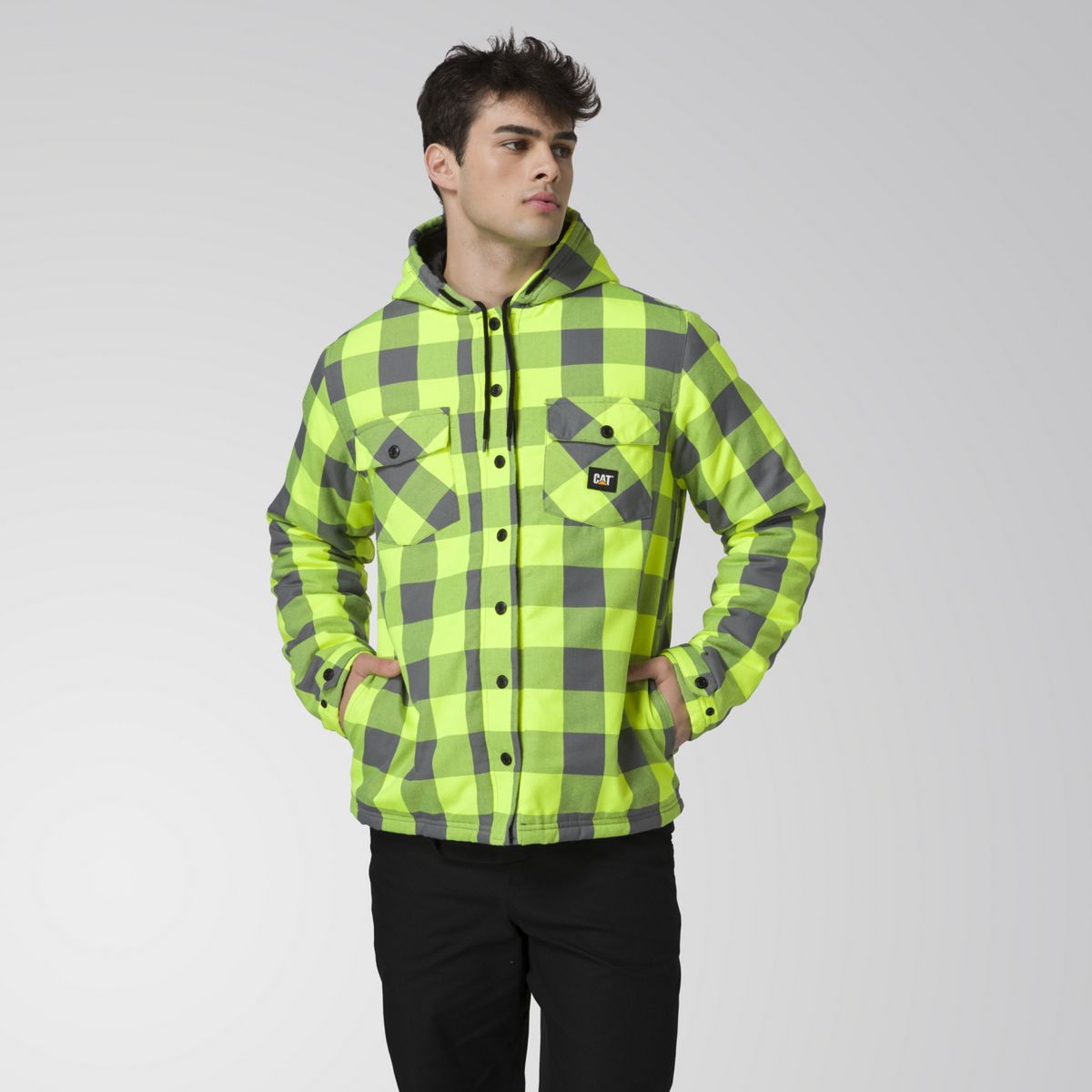 EV Hooded Flannel Shirt Jacket, Hi-Vis Yellow, dynamic 2