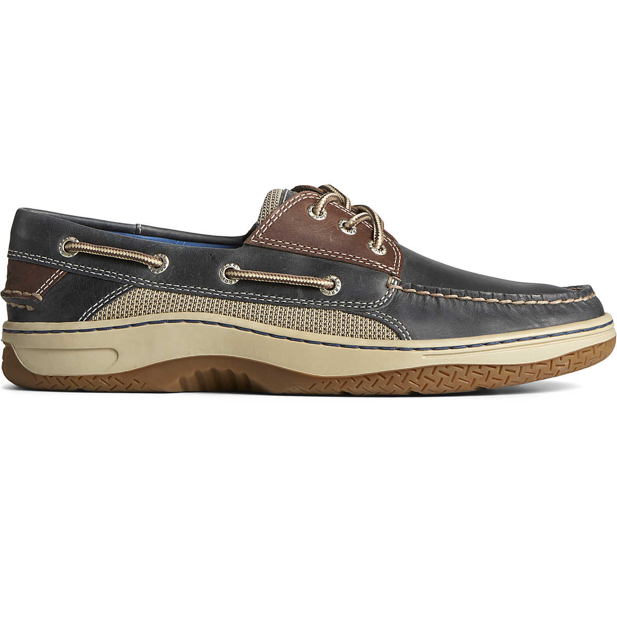 Billfish 3-Eye Boat Shoe, Navy / Brown Leather, dynamic 1