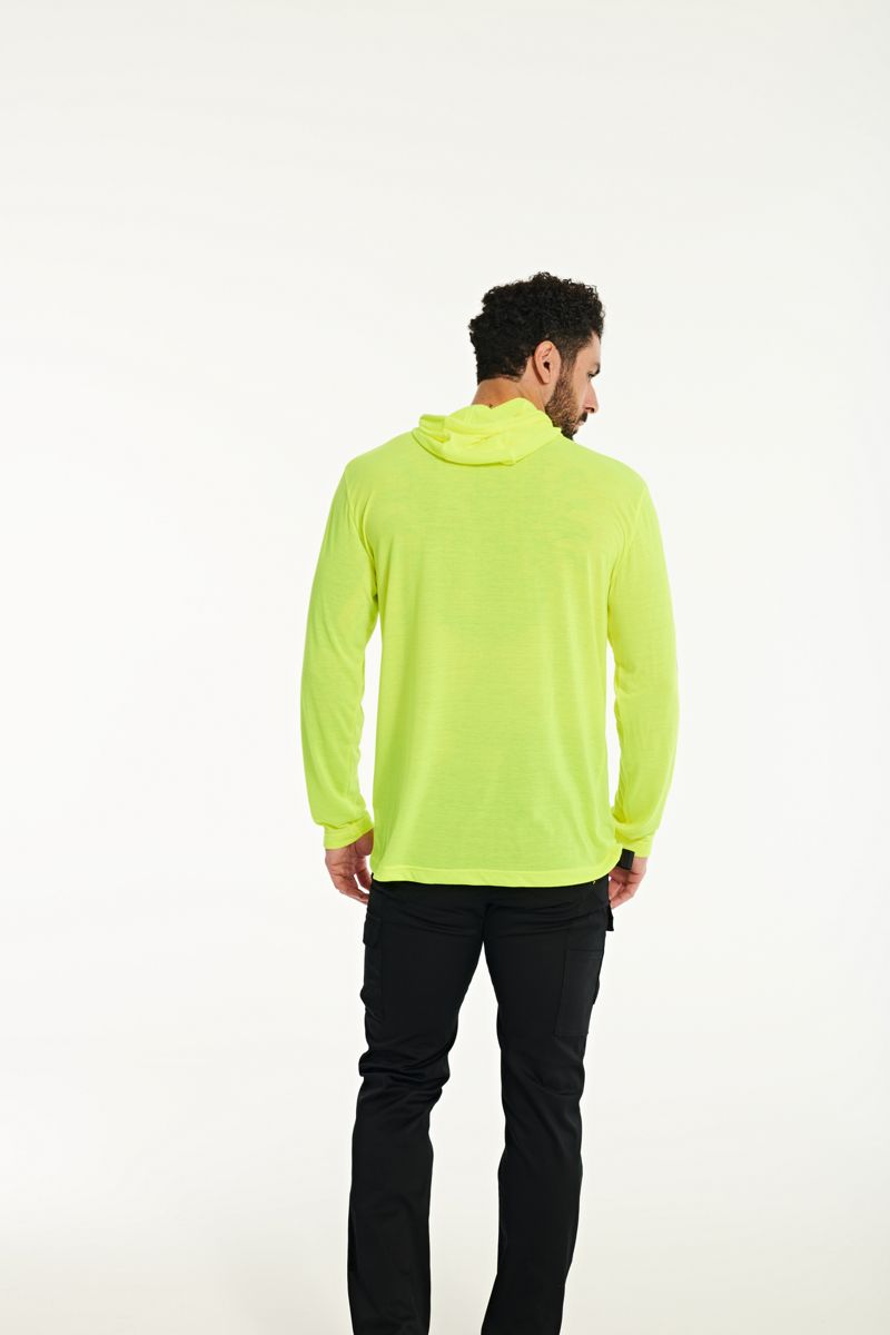 HiVis UPF Hooded Long Sleeve Tee, Yellow, dynamic 3