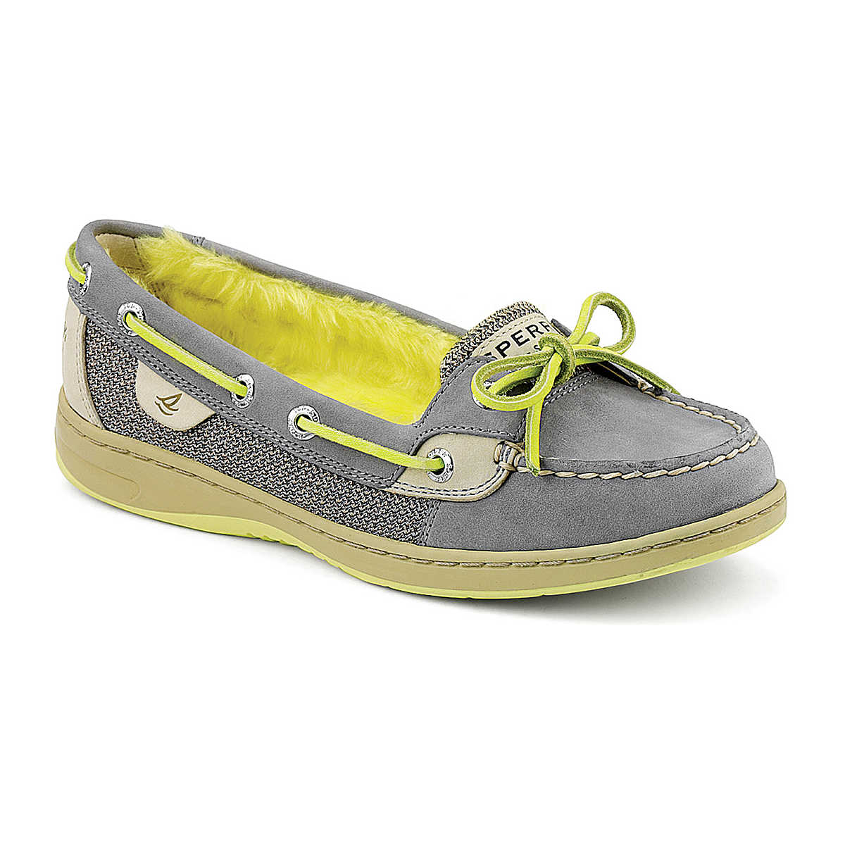 Angelfish Fur Lined Boat Shoe, Charcoal / Neon Lime Fur, dynamic 1