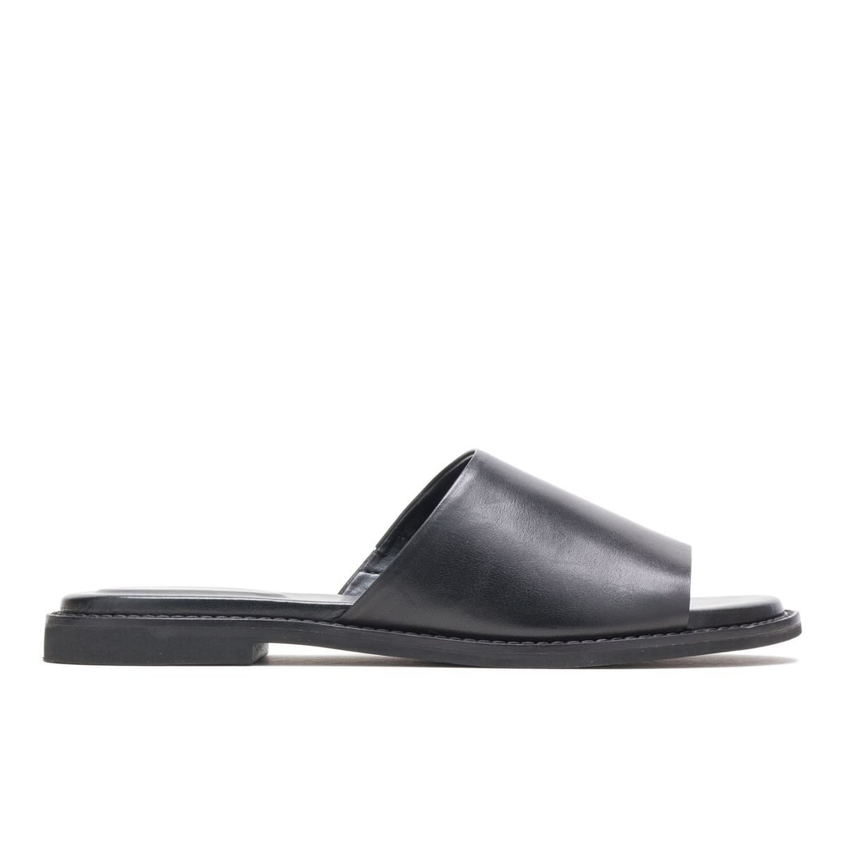 black leather slip on sandals