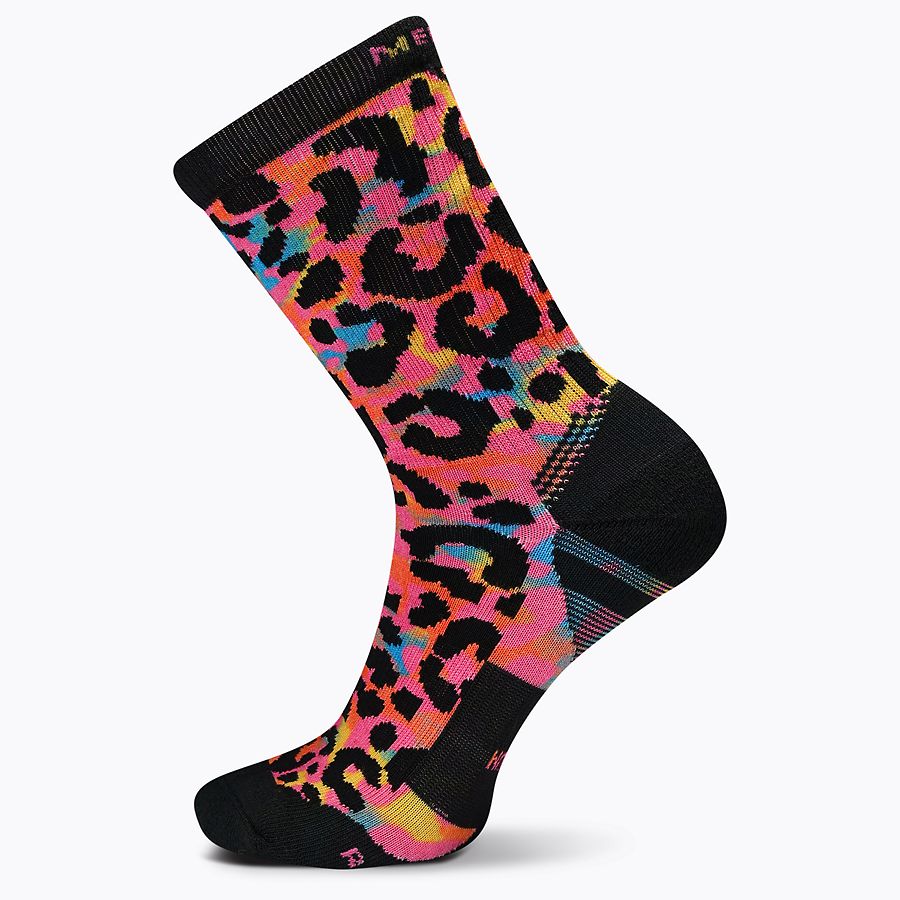 Cushioned Trail Runner Leopard Print Crew Sock, Pink, dynamic 1