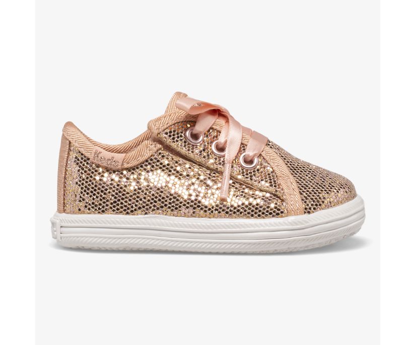 Kickstart Crib Celebrations Sneaker, Rose Gold sparkle, dynamic 1