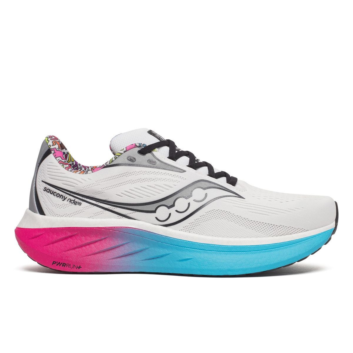 Keith Haring X Saucony Ride 18, White | Aqua | Pink, dynamic 1
