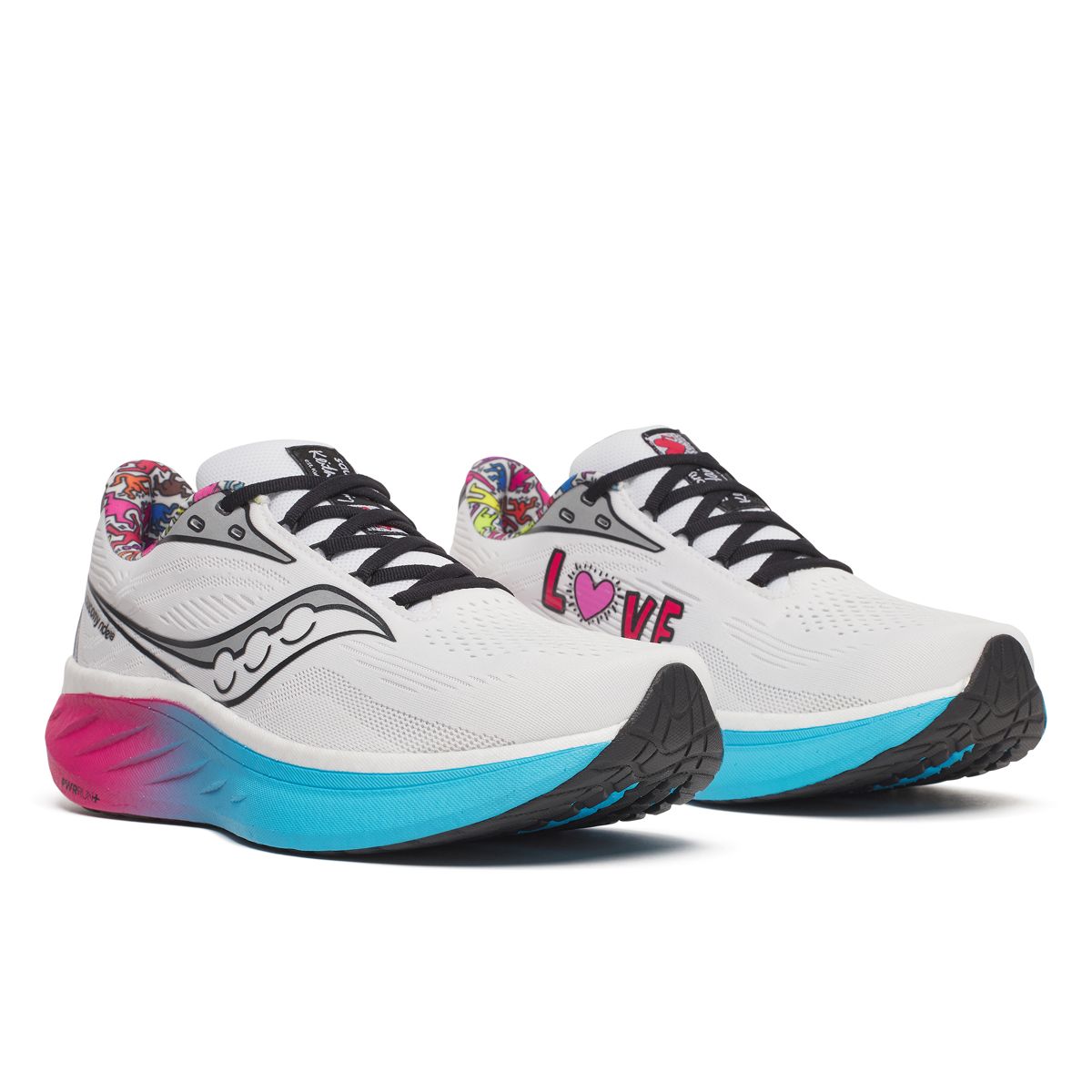 Keith Haring X Saucony Ride 18, White | Aqua | Pink, dynamic 2