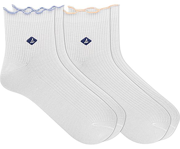 Ribbed Scallop 2-Pack Ankle Sock, White, dynamic