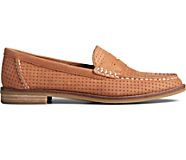Seaport Penny Perforated Leather Loafer, Tan, dynamic