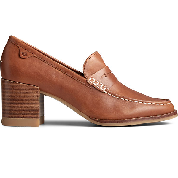 Seaport Penny Heel Leather Loafer, Tan, dynamic