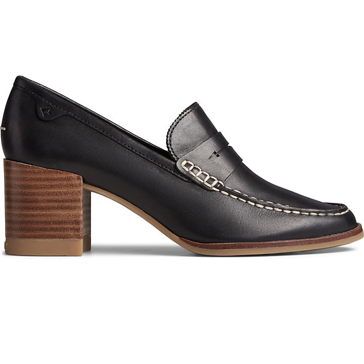 Seaport Penny Heel Leather Loafer, Black, dynamic
