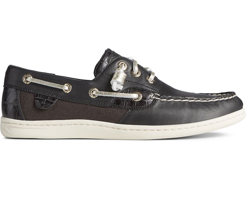 Songfish Croc Leather Boat Shoe, Black, dynamic 1