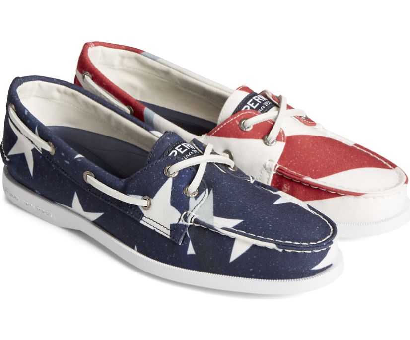 Authentic Original Americana Stars & Stripes 2-Eye Boat Shoe, Red/White/Blue, dynamic 1