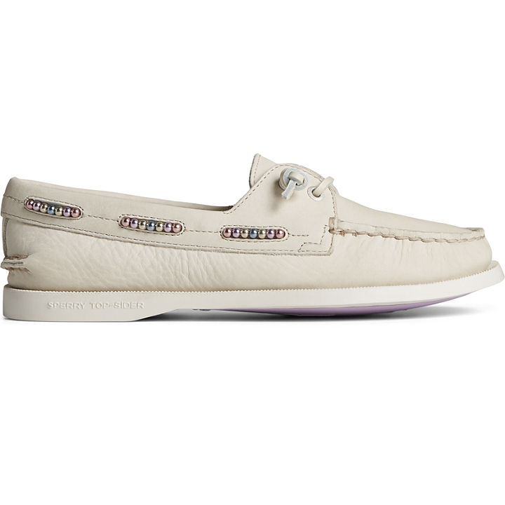 Authentic Original™ Leather Beaded Boat Shoe, Off White, dynamic