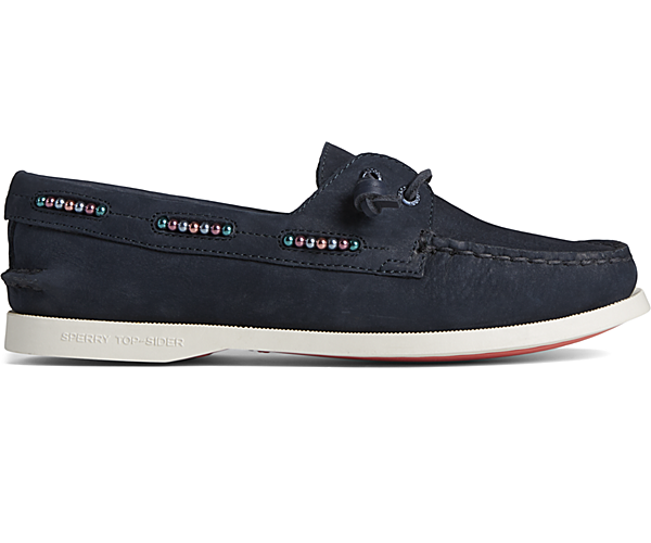Authentic Original™ Leather Beaded Boat Shoe, Navy, dynamic