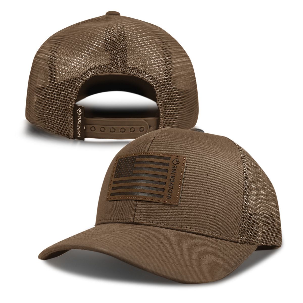 American Flag Leather Patch Trucker Cap, Cedar, dynamic 6