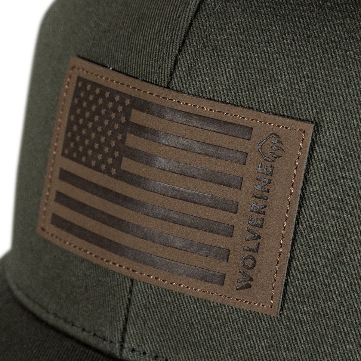 American Flag Leather Patch Trucker Cap, Olive, dynamic 3