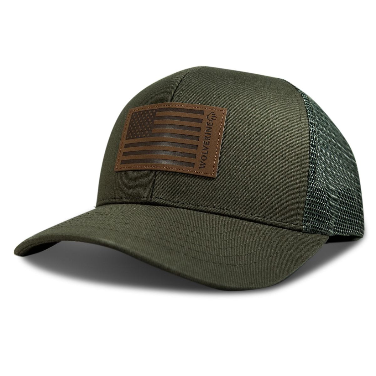 American Flag Leather Patch Trucker Cap, Olive, dynamic 2