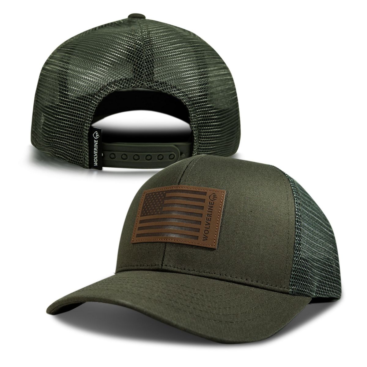 American Flag Leather Patch Trucker Cap, Olive, dynamic 6